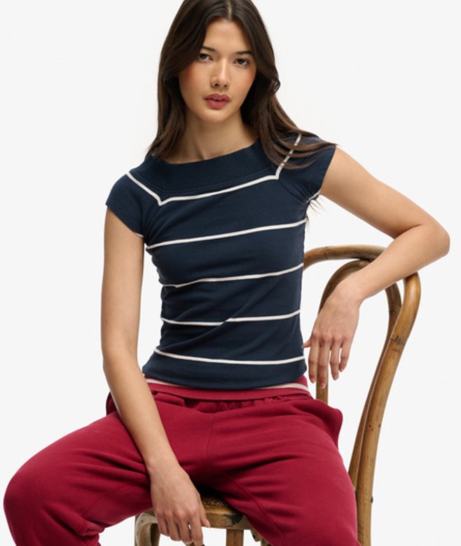 Superdry & Co Women's Athletic Off Shoulder Pattern Top Navy Navy Stripe - Size: