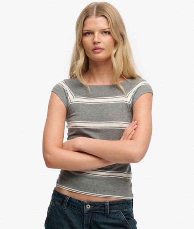 Superdry & Co Women's Athletic Off Shoulder Pattern Top Grey Griffin Grey Marl Stripe - Size: