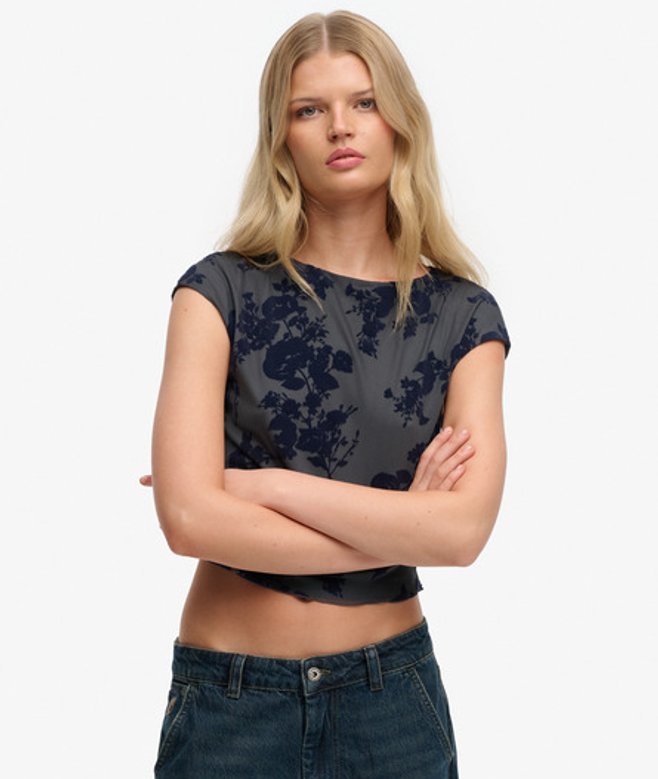 Superdry & Co Women's Flocked Mesh Short Sleeve Top Blue Midnight Blue - Size: