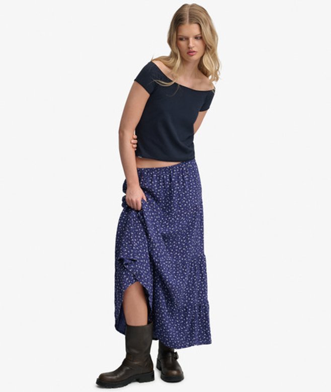 Superdry & Co Women's Woven Tiered Maxi Skirt Navy Mariner Navy Ditsy Floral - Size: