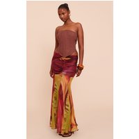Orange Printed Mesh Overlay Maxi Skirt