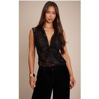 Black Lace Cowl Drape Ruched Long Top