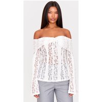 White Fitted Lace Flared Sleeve Bardot Top