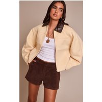 Buttercream PU Collar Zip Up Jacket, Pale Yellow
