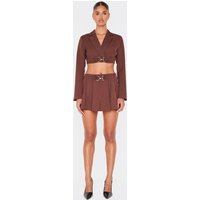 Chocolate Tailored Woven Buckle Detail Pleated Micro Mini Skirt