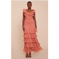 Blush Chiffon Ruched Ruffle Maxi Dress