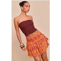 Orange Printed Chiffon Tierred Mini Skirt