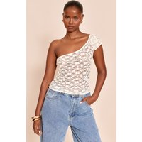 Cream Textured Lace Asymmetric Neck Long Top