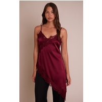 Plum Satin Lace Detail Asymmetric Long Top