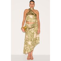 Plus Khaki Printed Satin Asymmetric Midi Skirt