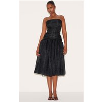 Black Organza Ruched Bodice Midi Dress