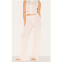 Cream Mid Rise Textured Wide Leg Trousers