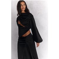 Black Satin Cut Out Long Sleeve Blouse