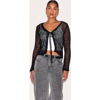 Black Ladder Knit Sheer Cropped Tie Front Top