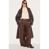 Brown Funnel Neck Faux Leather Trench Coat