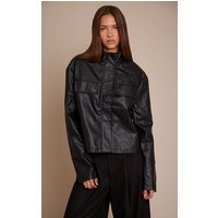 Black Faux Leather Funnel Neck Jacket