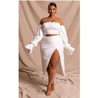 Plus White Constructed Satin Draped Midi Skirt