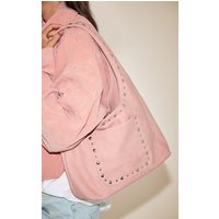 Powder Pink Faux Suede Studded Shoulder Bag, Power Pink