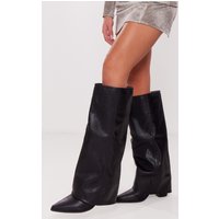 Black Wide Fit PU Fold Over Knee High Block Heeled Western Boots