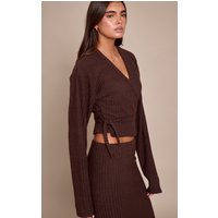 Dark Brown Brushed Wrap Over Tie Waist Top