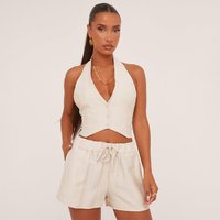 Plunge Button Front Tie Back Waistcoat In Stone Linen, Women's Size