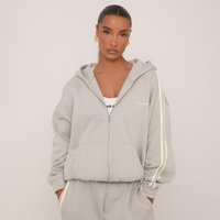 Oversized Contrast Stripe Side Essential Graphic Hoodie In Grey, Women's Size