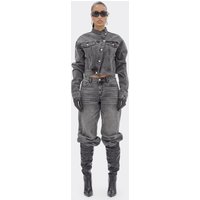 Low Rise Wide Leg Detail Jeans In Washed Grey Denim, Women's Size