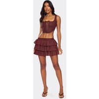 Low Waist Lace Waistband Detail Pleated Mini Skirt In Chocolate Brown, Women's Size
