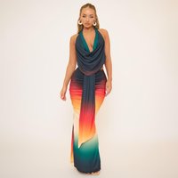 Low Waist Drape Front Detail Maxi Skirt In Multi Print Mesh, Women's Size