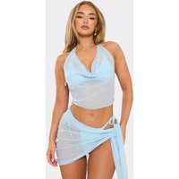 Cowl Neck Embellished Top In Blue Mesh, Women's Size