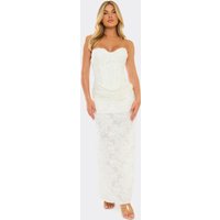 Mid Rise Fold Over Detail Maxi Skirt In Cream Textured Lace, Women's Size