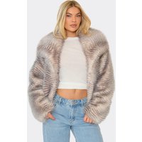 Oversized Collar Textured Detail Jacket In Grey Faux Fur, Women's Size