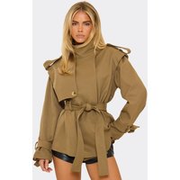 High Neck Belted Waist Short Trench Coat In Khaki, Women's Size