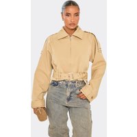 Collared Belted Hem Detail Zip Down Trench Coat In Beige, Women's Size