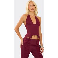 Halterneck Plunge Ruched Detail Corset Top In Burgundy, Women's Size