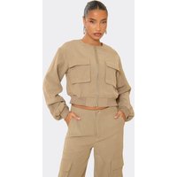 Pocket Detail Zip Up Jacket In Taupe, Women's Size
