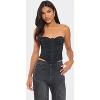 Bandeau Ruched Detail Corset Top In Black Mesh, Women's Size