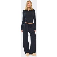 Low Rise Wide Leg Trousers In Black Ribbed, Women's Size