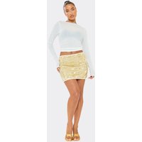 Mid Rise Embellished Sequin Micro Skirt In Gold, Women's Size