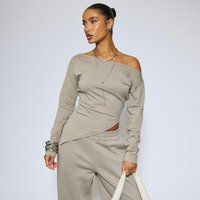 Asymmetric Long Sleeve Ced Waist Top In Taupe, Women's Size