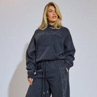 Long Sleeve Embroidered Essential Graphic Hoodie In Washed Charcoal Grey, Women's Size