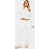Mid Rise Elastic Waist Detail Wide Leg Trousers In Cream Ribbed, Women's Size