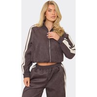 Contrast Side Stripe Zip Up Jacket In Chocolate Brown Faux Suede, Women's Size