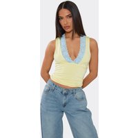 Sleeveless Plunge Front Contrast Lace Trim Top In Lemon, Women's Size
