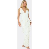 Plunge Neck Corset Frill Detail Split Leg Maxi Dress In Cream, Women's Size