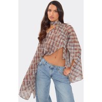 Off The Shoulder Scarf Detail Cape Top In Mult Check Print Chiffon, Women's Size