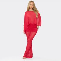 Off The Shoulder Cape Top And Ruched Maxi Skirt Co-Ord Set In Red Diamante Mesh, Women's Size