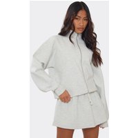Double Zip Oversized Funnel Neck Jacket In Light Grey Marl Interlock, Women's Size