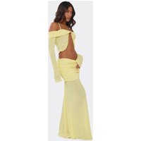 Low Rise Fold Over Waistband Detail Maxi Skirt In Lemon Yellow, Women's Size