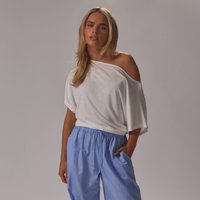 Short Sleeve Off The Shoulder Draped Top In White Modal Jersey, Women's Size